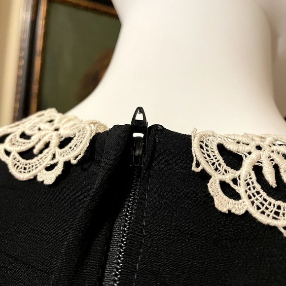 80s Does 40s Phoebe Black Crepe Cap Sleeve Drop Waist Midi Dress with Crochet La - Picture 6 of 8